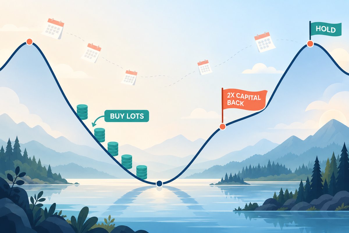 Flat-vector illustration of one market cycle: a navy price wave falls from a peak into a deep valley and rises to a new peak; equal teal coin stacks labelled BUY LOTS sit only on the falling slope, a coral flag labelled 2X CAPITAL BACK marks the rebound, and a teal flag labelled HOLD stands on the next peak, with calendar pages drifting across to show years passing.
