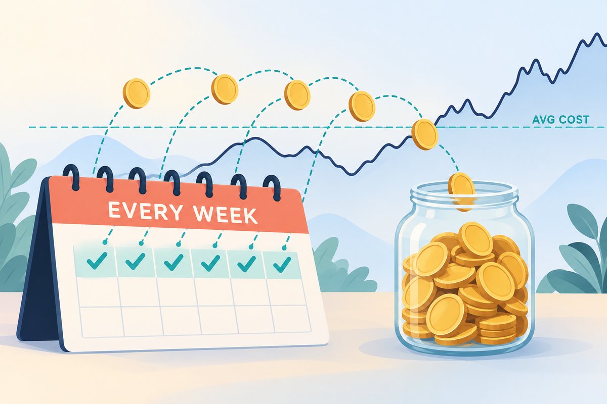 Flat-vector illustration of dollar-cost averaging: a calendar labelled EVERY WEEK with a tick on each week, one same-size gold coin from each tick dropping into a glass jar, a wavy navy price line behind and a dashed teal line labelled AVG COST.