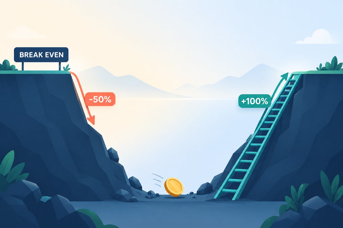 Flat-vector illustration of drawdown asymmetry: from a cliff edge labelled BREAK EVEN a short coral arrow marked -50% drops down the cliff, while on the far side a much longer teal ladder marked +100% is needed to climb back to the same level, with a coin resting at the bottom of the pit.