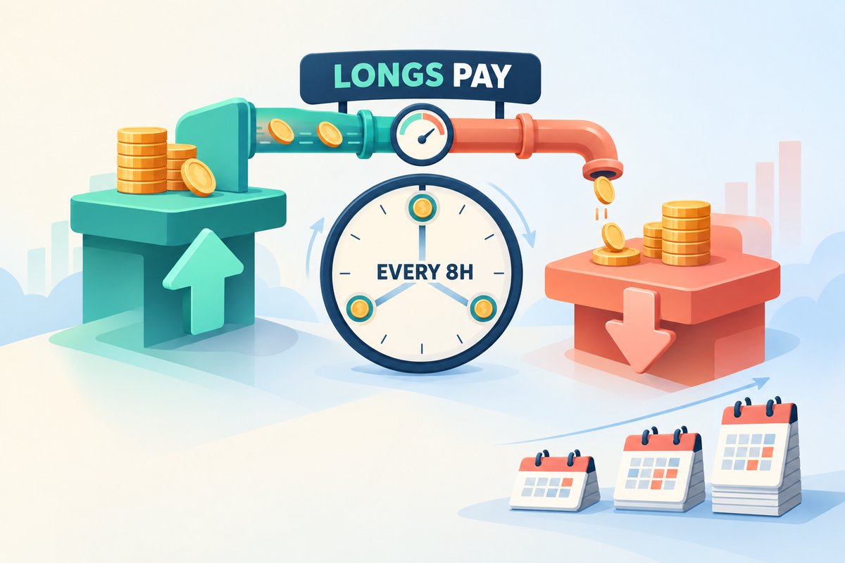 Flat-vector illustration of perpetual funding: a teal long platform with an up arrow pays coins through a pipe with a meter into a coral short platform with a down arrow, under a banner labelled LONGS PAY, above a clock marked EVERY 8H, with day, week and month calendar stacks growing in the corner.