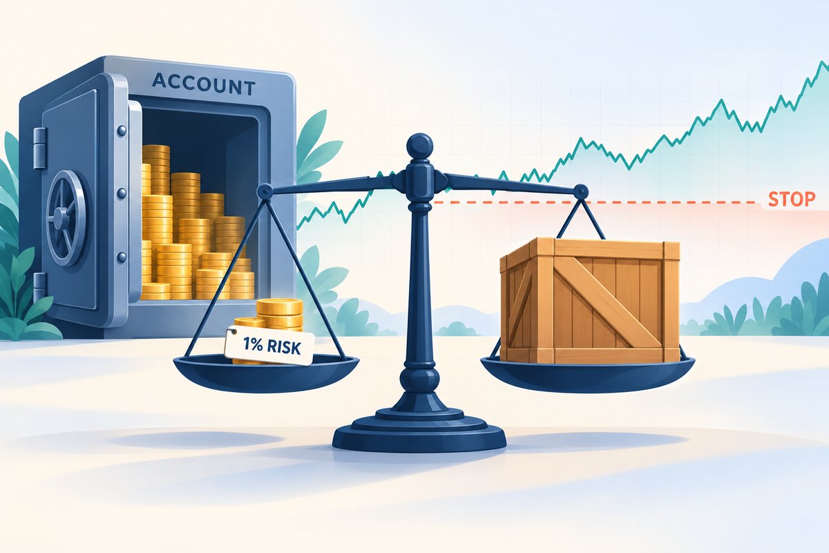 Flat-vector illustration of position sizing: a balance scale with a small coin stack tagged 1% RISK on one pan and a large trade crate on the other, an open vault labelled ACCOUNT behind it and a dashed coral STOP line on a price chart.