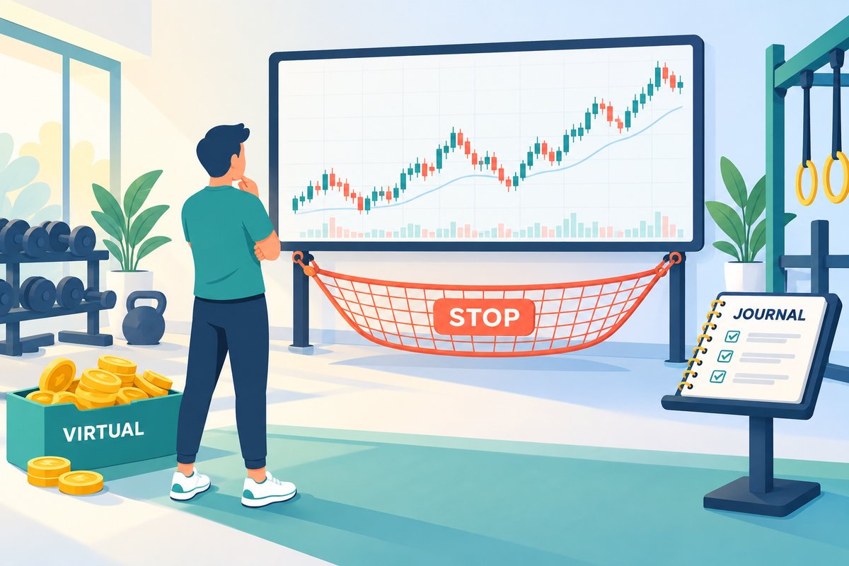 Flat-vector illustration of paper trading: a trainee in a bright gym studies a price chart screen, a safety net labelled STOP hangs under the chart, a box of VIRTUAL coins sits on the floor and a JOURNAL stand logs each trade.