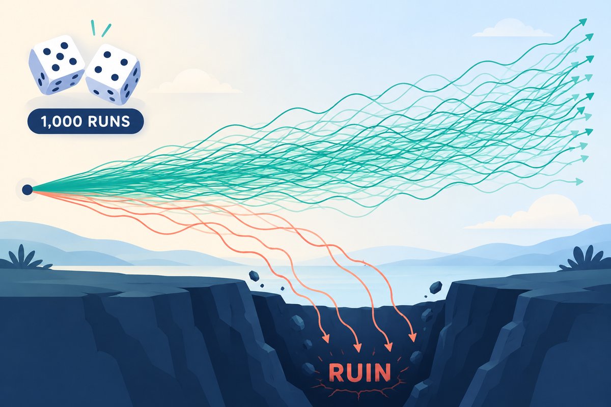 Flat-vector illustration of a Monte Carlo simulation: many teal equity curves fan out upward from one starting point while a few coral curves drop into a pit labelled RUIN, with dice and a 1,000 RUNS badge in the corner.