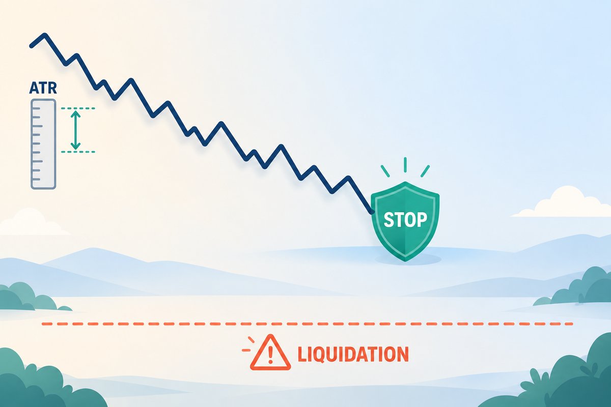 Flat-vector illustration of a stop-loss: a falling price line is caught by a teal shield labelled STOP placed well above a dashed coral LIQUIDATION line, with an ATR ruler measuring the normal price wiggle.