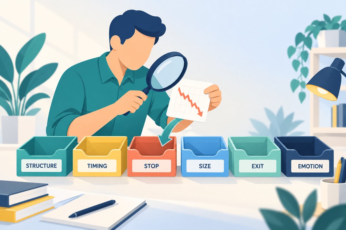 Flat-vector illustration of a trade autopsy: an analyst with a magnifying glass studies a losing trade card and drops it into one of six bins labelled STRUCTURE, TIMING, STOP, SIZE, EXIT and EMOTION.
