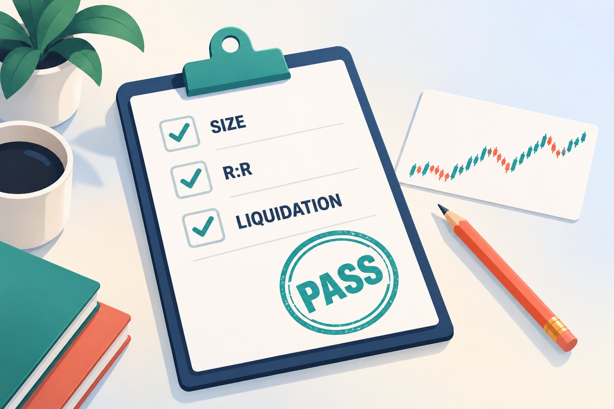 Flat-vector illustration of a trade plan: a clipboard checklist with SIZE, R:R and LIQUIDATION ticked and a round teal PASS stamp, next to a pencil and a small price chart card.